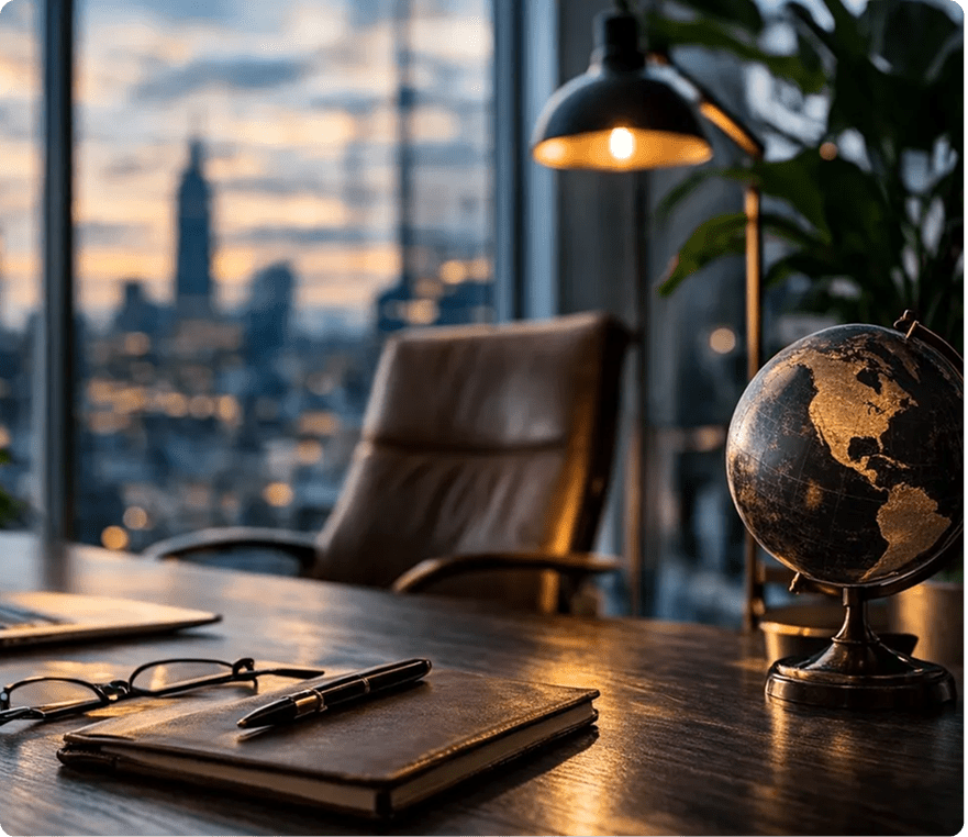 Office desk with globe and notebook
