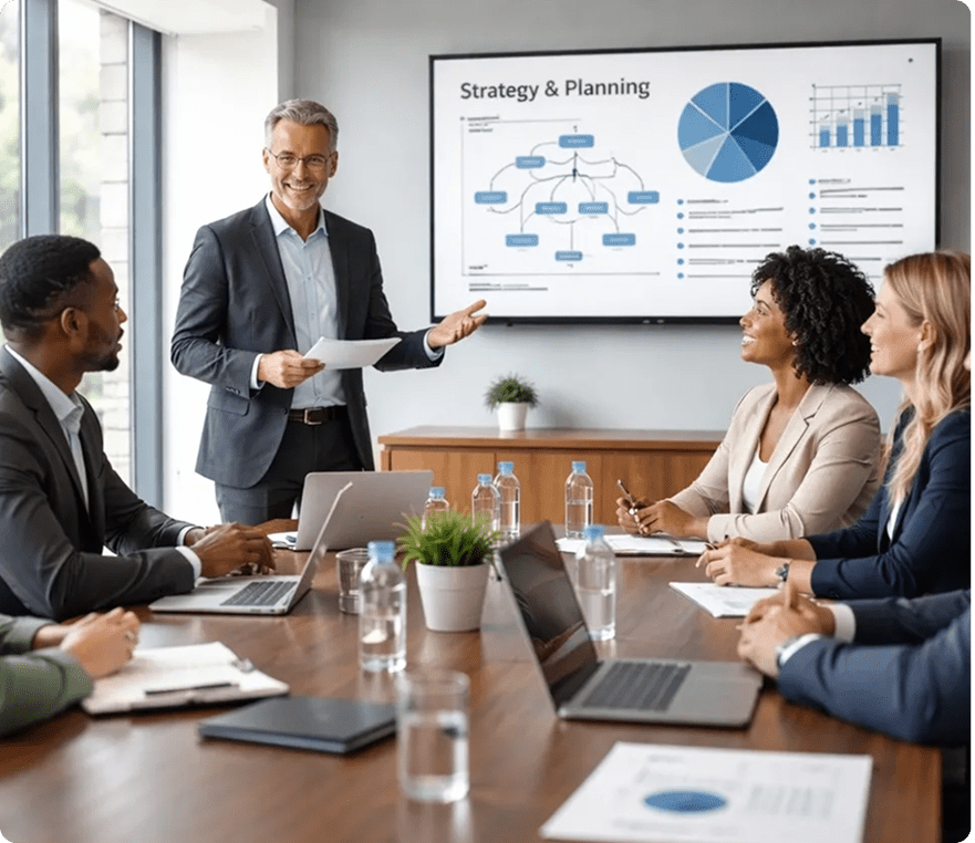 Colleagues in conference room presentation